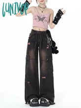 Lunivop Women’s Multi Pocket Black Pink Holes Jeans Casual Wide Leg Pants Vintage American Street